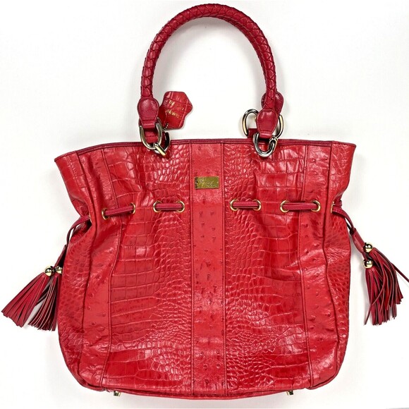 Isabella Adams Genuine Leather Crocodile Embossed Handbag Tassels Red 14"x13" - Picture 1 of 11